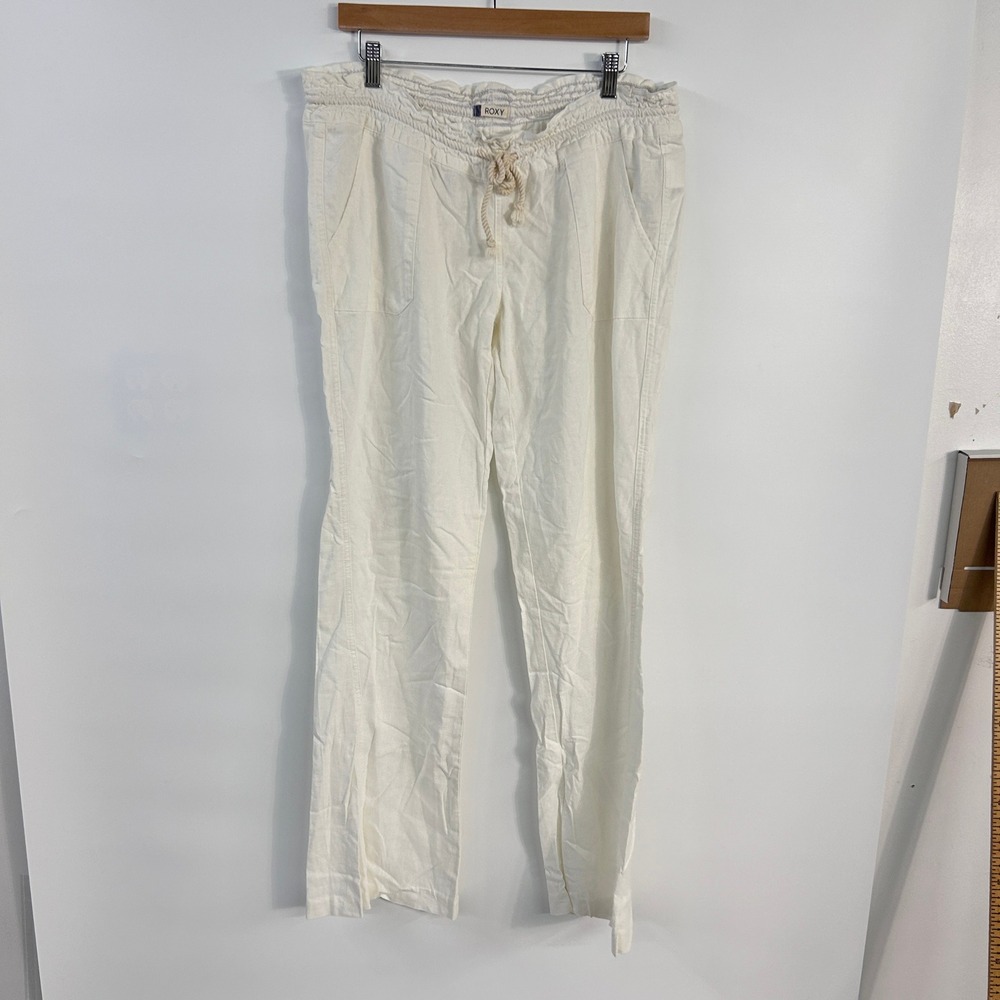 Roxy Oceanside Linen Blend Pants Large White Drawstring Coastal Beach Resort